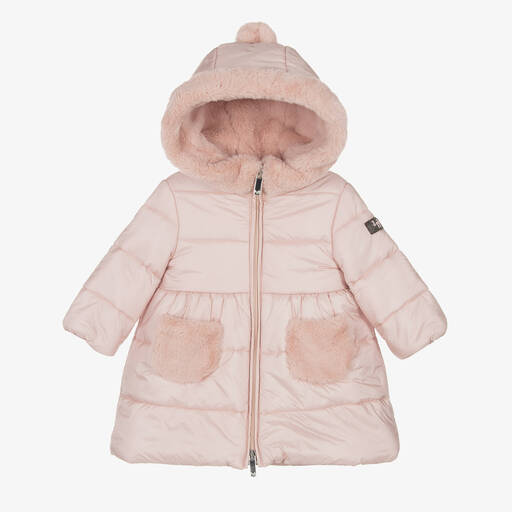 Il Gufo-Girls Pink Faux Fur Trimmed Puffer Coat | Childrensalon