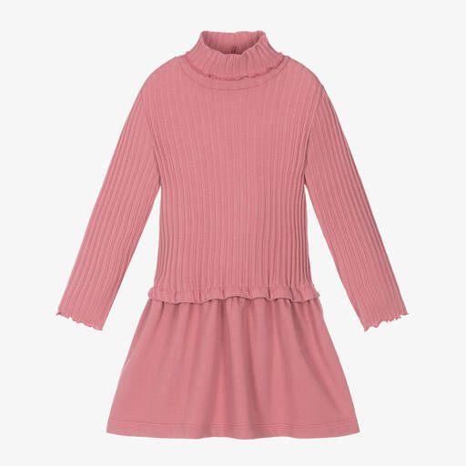 Il Gufo-Girls Pink Ribbed Cotton Polo Neck Dress | Childrensalon
