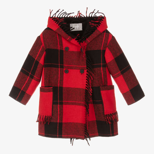 Il Gufo-Красное шерстяное пальто в клетку для девочек | Childrensalon
