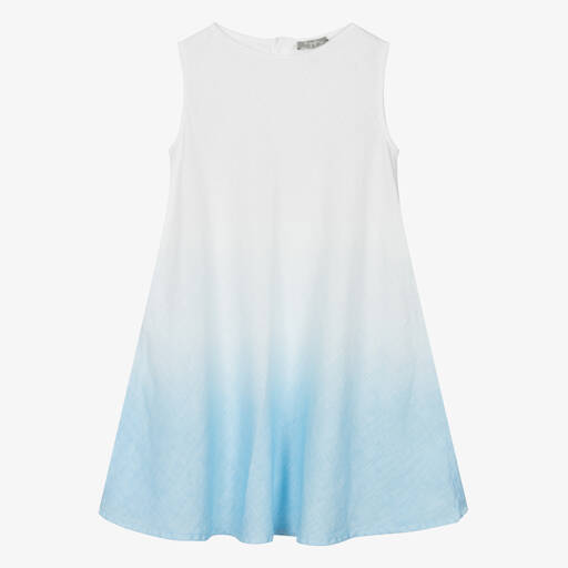 Il Gufo-Girls White & Blue Linen Ombré Dress | Childrensalon
