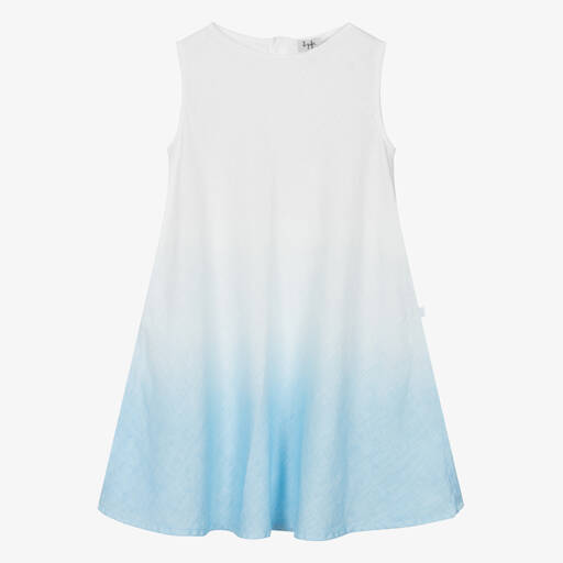 Il Gufo-فستان كتان لون أبيض وأزرق أومبري | Childrensalon