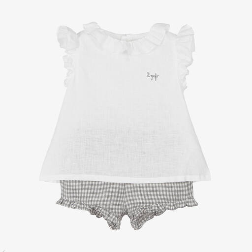 Il Gufo-Girls White & Grey Linen Shorts Set | Childrensalon
