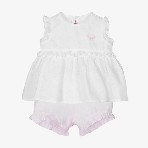 Il Gufo-Girls White & Pink Linen Shorts Set | Childrensalon