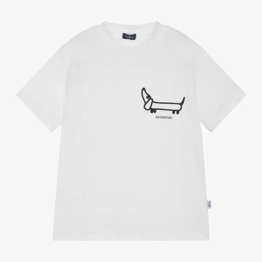 Il Gufo-White Cotton Embroidered Dog T-Shirt | Childrensalon