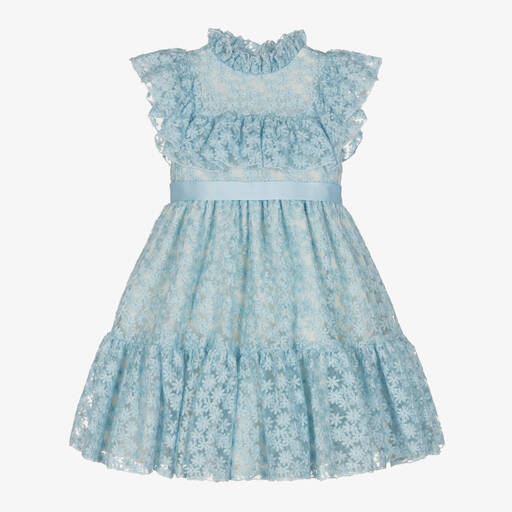 Irpa-Girls Blue Embroidered Tulle Dress | Childrensalon