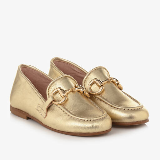 Irpa-Girls Gold Leather Loafers | Childrensalon