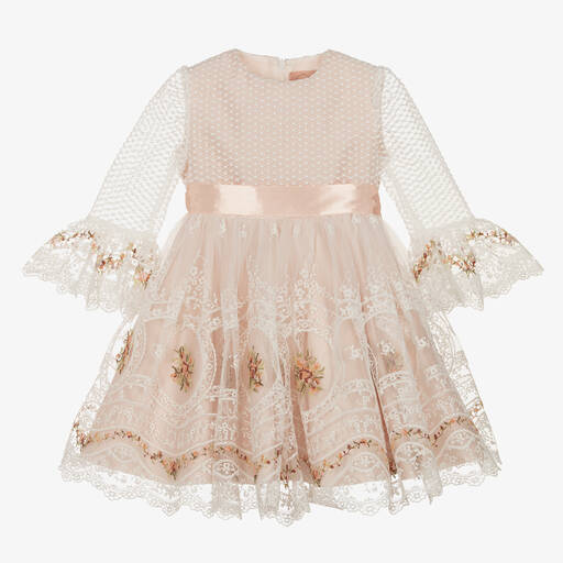 Irpa-Girls Ivory Embroidered Tulle Dress | Childrensalon