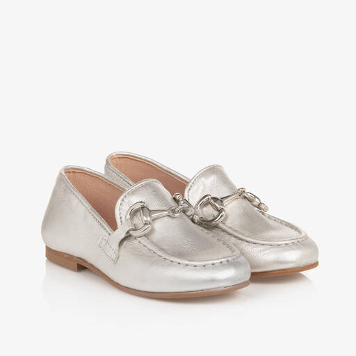 Irpa-Girls Silver Leather Loafers | Childrensalon
