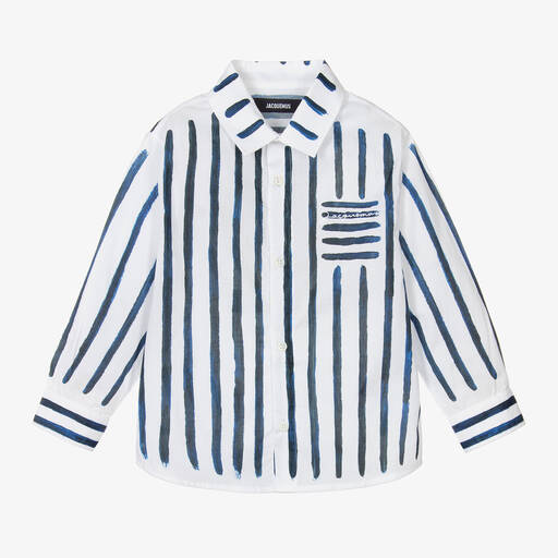 JACQUEMUS-Boys White & Blue Stripe Cotton Shirt | Childrensalon