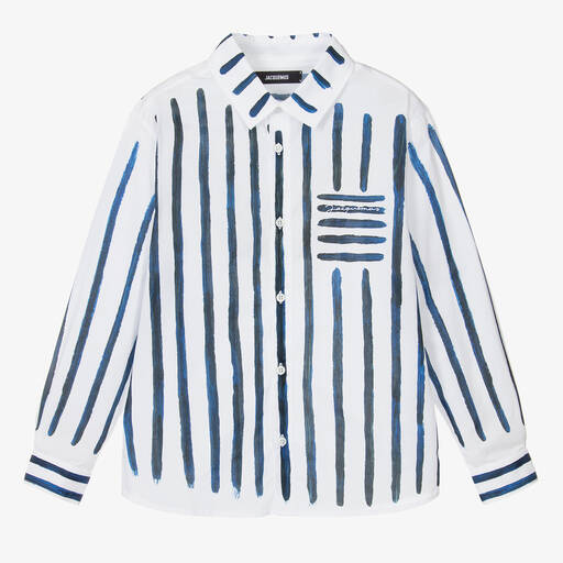 JACQUEMUS-Teen Boys White & Blue Stripe Cotton Shirt | Childrensalon