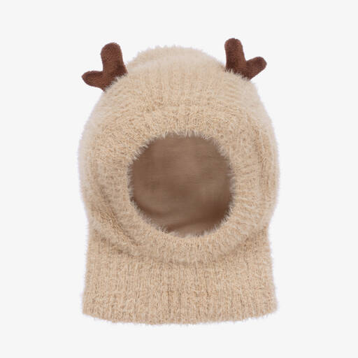 Jamiks-Beige Fluffy-Knit Reindeer Balaclava | Childrensalon