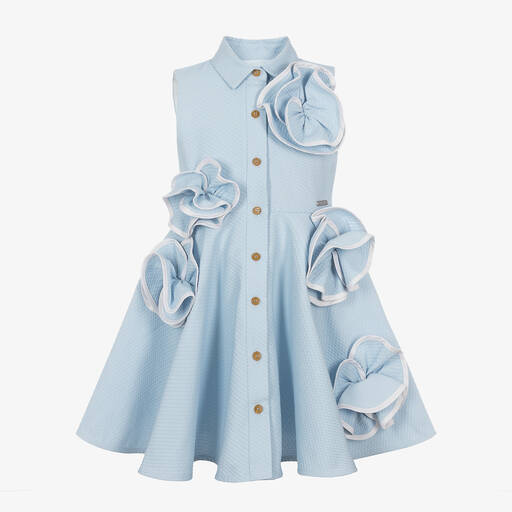Jessie and James London-Girls Blue 3D Flower Cotton Dress | Childrensalon