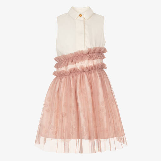 Jessie and James London-Girls Pink Cotton Jacquard & Tulle Dress | Childrensalon