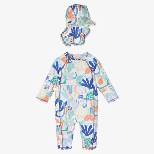 Joyday-White & Blue Sun Suit & Hat Set (UPF50+) | Childrensalon