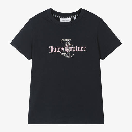 Juicy Couture-Girls Navy Blue Cotton Diamanté T-Shirt | Childrensalon