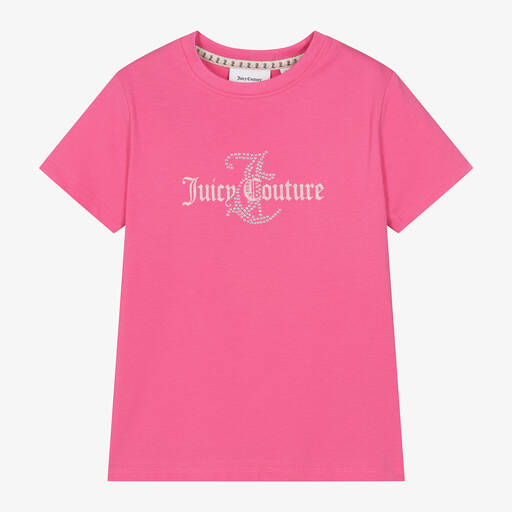 Juicy Couture-Girls Pink Cotton Diamanté T-Shirt | Childrensalon