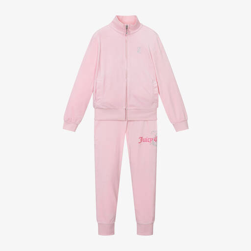Juicy Couture-Girls Pink Velour Slim-Fit Tracksuit | Childrensalon