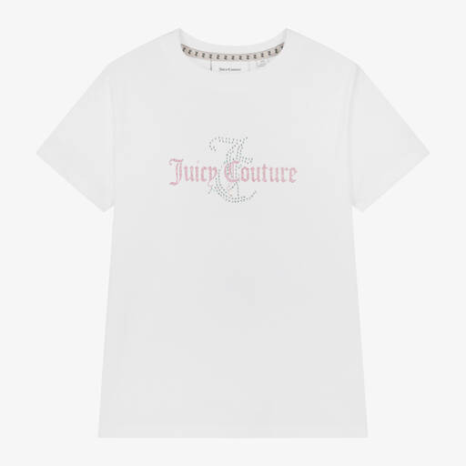 Juicy Couture-Girls White Cotton Diamanté T-Shirt | Childrensalon