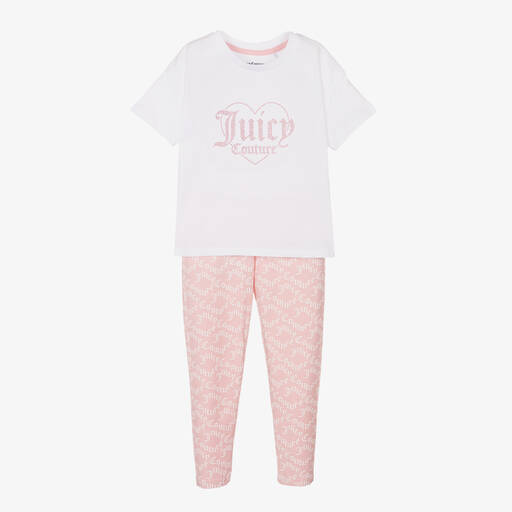 Juicy Couture-Girls White & Pink Cotton Leggings Set | Childrensalon
