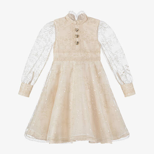 Junona-Girls Beige Embroidered Tulle Dress | Childrensalon