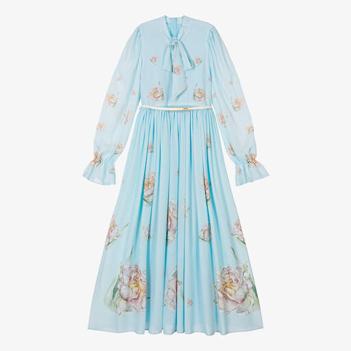 Junona-Голубое платье макси с цветами для девочек | Childrensalon