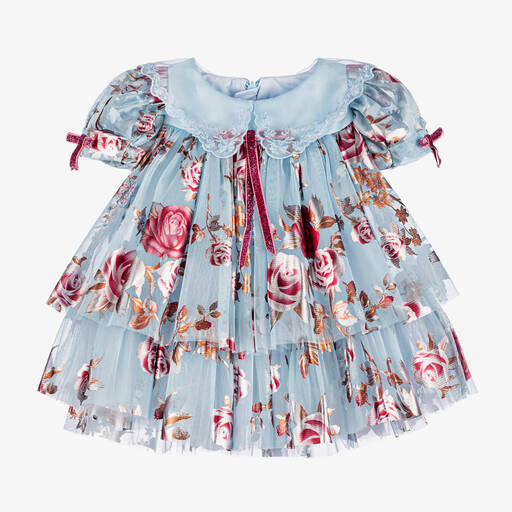 Junona-Girls Blue Floral Tulle Dress | Childrensalon