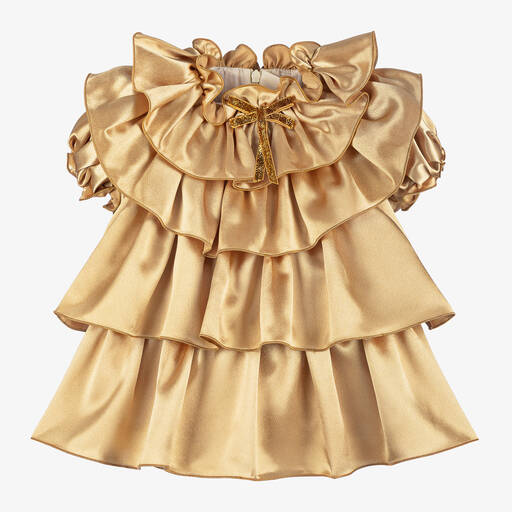 Junona-Girls Gold Satin Ruffle Dress | Childrensalon