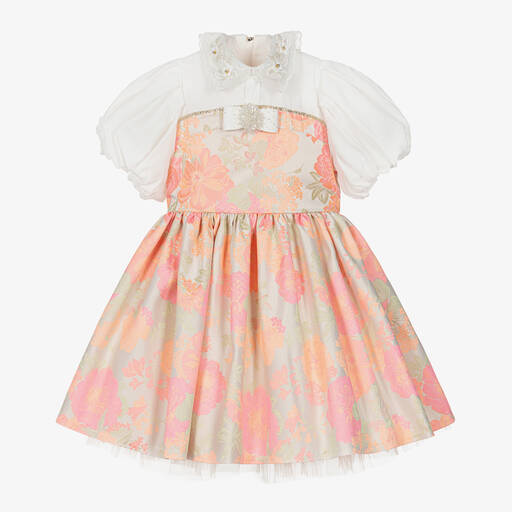 Junona-Girls Pink Floral Jacquard Dress | Childrensalon