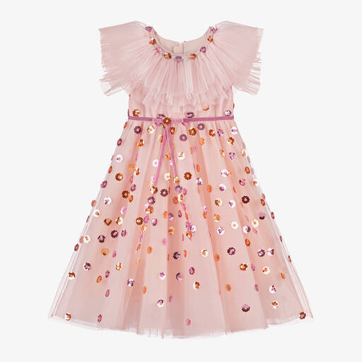 Junona-Girls Pink Sequin Flower Tulle Dress | Childrensalon