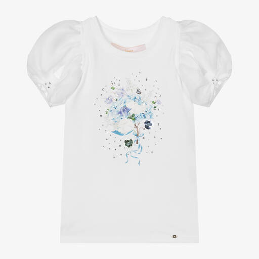 Junona-Girls White Cotton Floral Print T-Shirt | Childrensalon