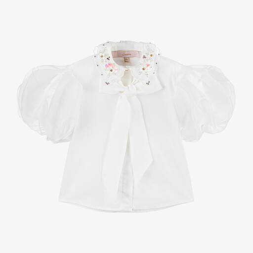Junona-Белая блузка из хлопка и органзы для девочек | Childrensalon