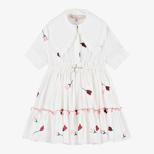 Junona-Girls White Embroidered Cotton Dress | Childrensalon