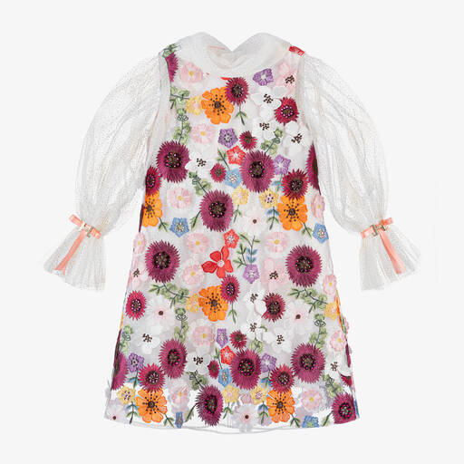 Junona-Girls White Floral Tulle Dress | Childrensalon