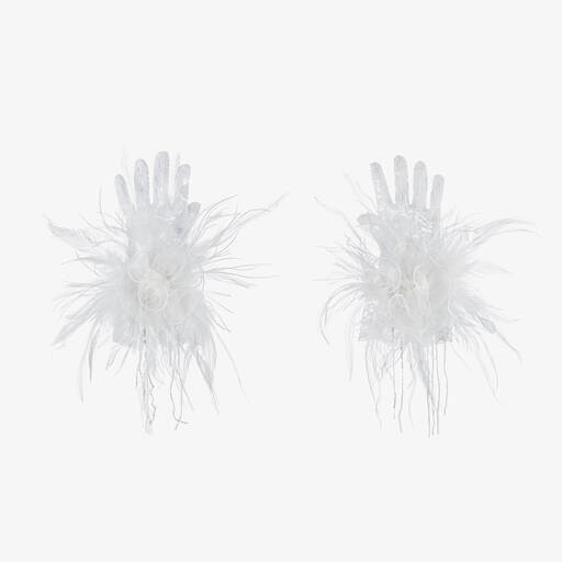 Junona-Girls White Lace & Feather Gloves | Childrensalon