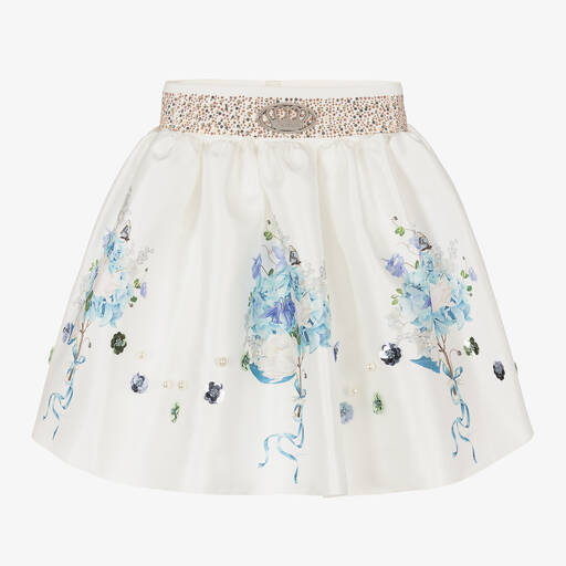 Junona-Girls White Satin Floral Skirt | Childrensalon
