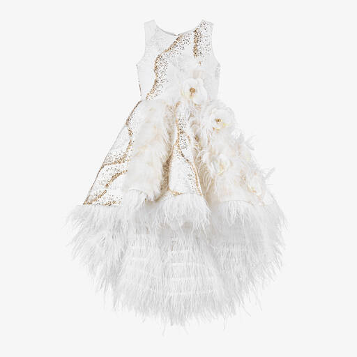 Junona-Girls White Sequin Feather Dress | Childrensalon