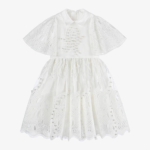 Junona-Girls White Tulle Pearl Dress | Childrensalon
