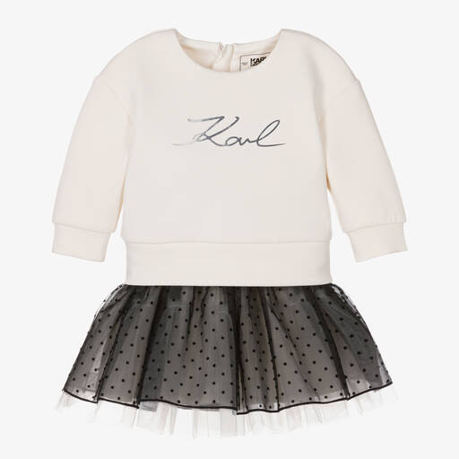 KARL LAGERFELD KIDS-Girls Ivory & Black Tulle Dot Skirt Set | Childrensalon