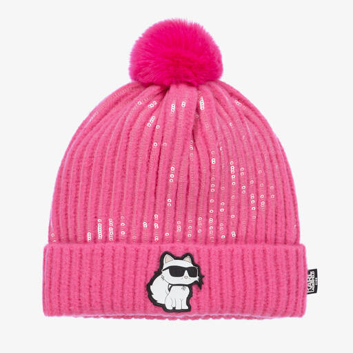 KARL LAGERFELD KIDS-Girls Pink Coupette Knitted Beanie Hat | Childrensalon