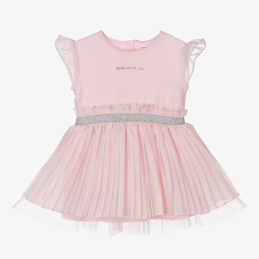 KARL LAGERFELD KIDS-Girls Pink Pleated Georgette Dress | Childrensalon