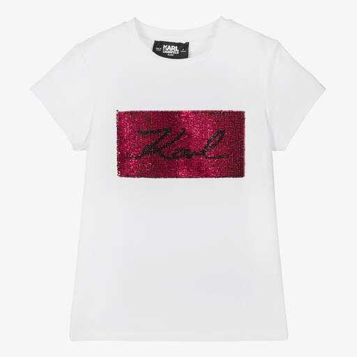 KARL LAGERFELD KIDS-Girls White Cotton Karl Signature T-Shirt | Childrensalon