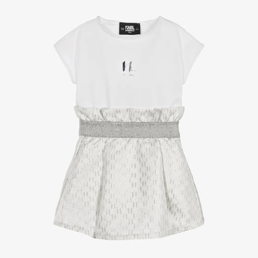 KARL LAGERFELD KIDS-Girls White Cotton & KL Jacquard Dress | Childrensalon