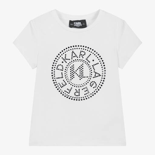 KARL LAGERFELD KIDS-Girls White Studded Cotton & Modal T-Shirt | Childrensalon
