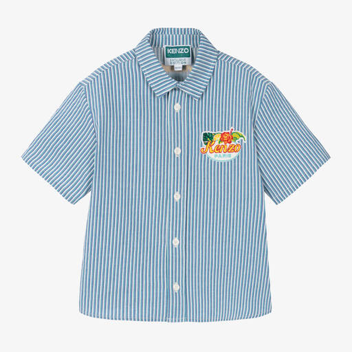 KENZO KIDS-قميص مقلم مزيج قطن لون أزرق وأبيض للأولاد | Childrensalon