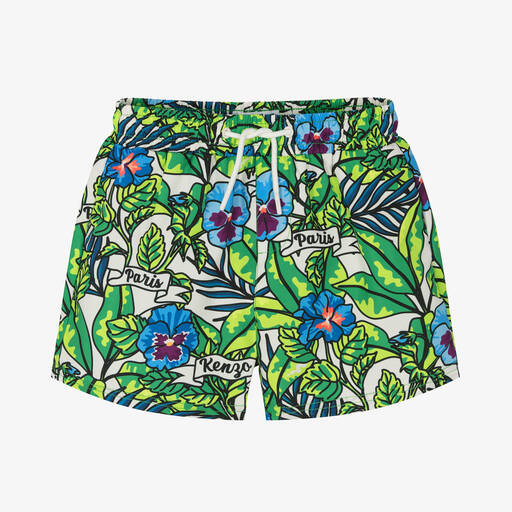KENZO KIDS-Boys Green Flower Print Swim Shorts | Childrensalon
