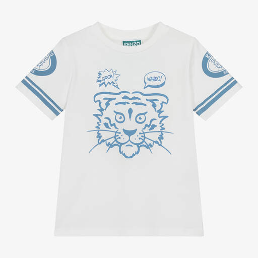KENZO KIDS-Boys Ivory & Blue Cotton Tiger T-Shirt | Childrensalon
