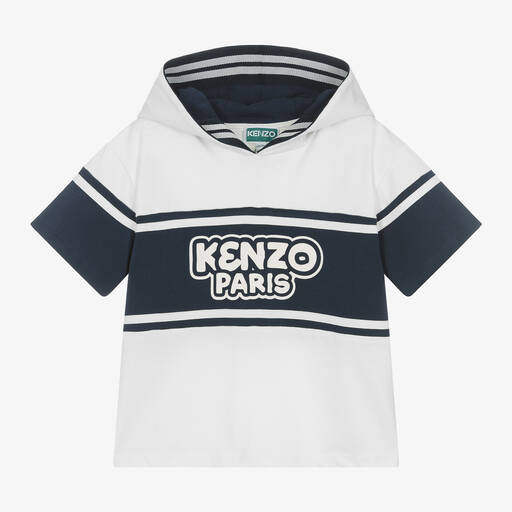 KENZO KIDS-تيشيرت هودي قطن عضوي لون أبيض وكحلي للأولاد | Childrensalon