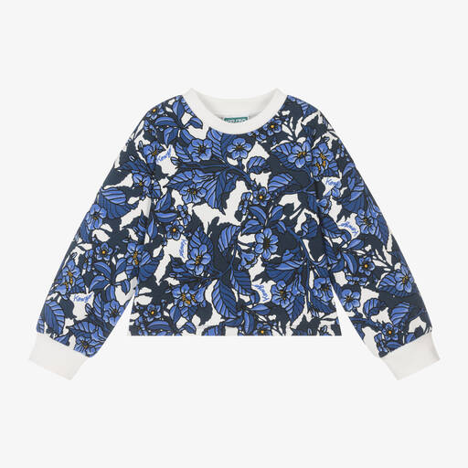 KENZO KIDS-Girls Blue Flower Cotton Sweatshirt | Childrensalon