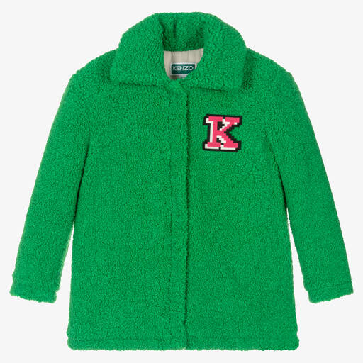 KENZO KIDS-Girls Green Faux Shearling Elephant Coat | Childrensalon
