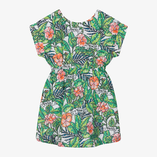 KENZO KIDS-Girls Green Floral Jungle Leaf Cotton Dress | Childrensalon